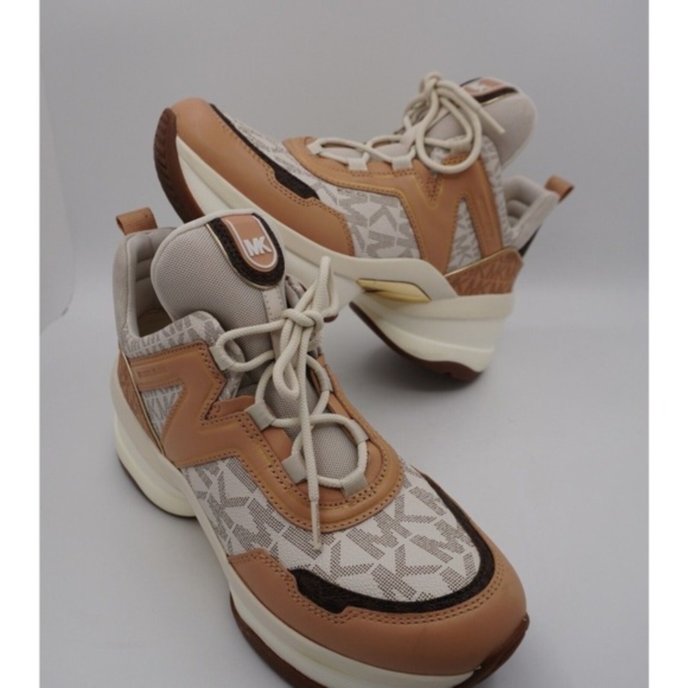 Michael Kors Olympia Trainer Sneakers Vanilla‎ Tan MK Logo 11M Retro Chic 37-01 - Picture 4 of 15